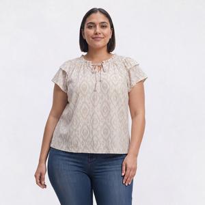 Plus Size Absolutely Famous Short Sleeve Ruffle Neck Ikat Blouse